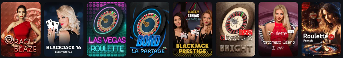 7Gear Casino live casino games featuring Oracle Blaze, Blackjack 16, Las Vegas Roulette, Bond La Partage, Blackjack Prestige and French Roulette